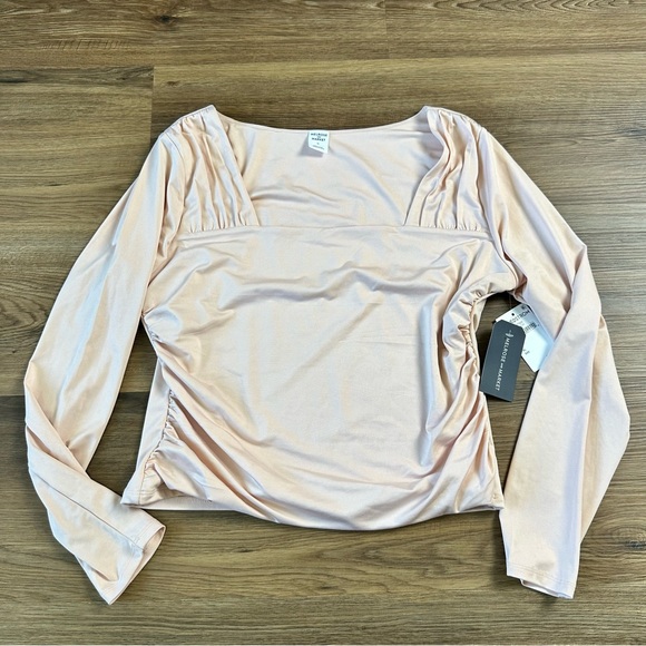 Melrose and Market Tops - Melrose & Market Square Neck Long Sleeve Ruching Stretch Pleat Office Pink XL